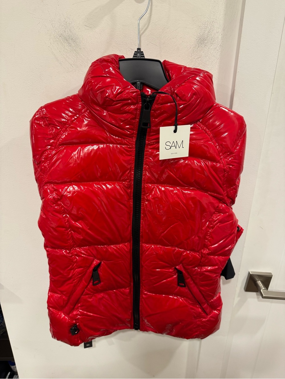 SAM. Glossy Red Puffer Vest with Hood